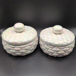 TWO Vintage Arnels Ivory Iridescent Ceramic Quilted Lidded Trinket Box 4.25" Dia